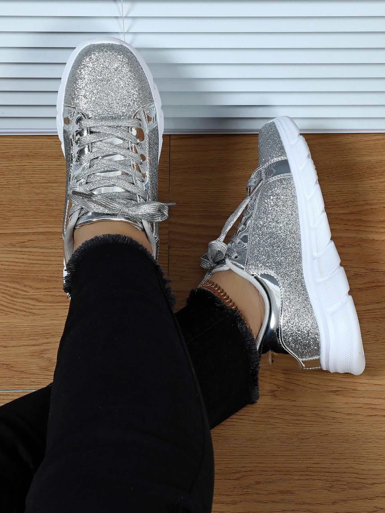 2026 Spring New Silver Color Glitter Thick Sole Casual Board Shoes for Women, Fashion Versatile Height-Boosting Sports Shoes