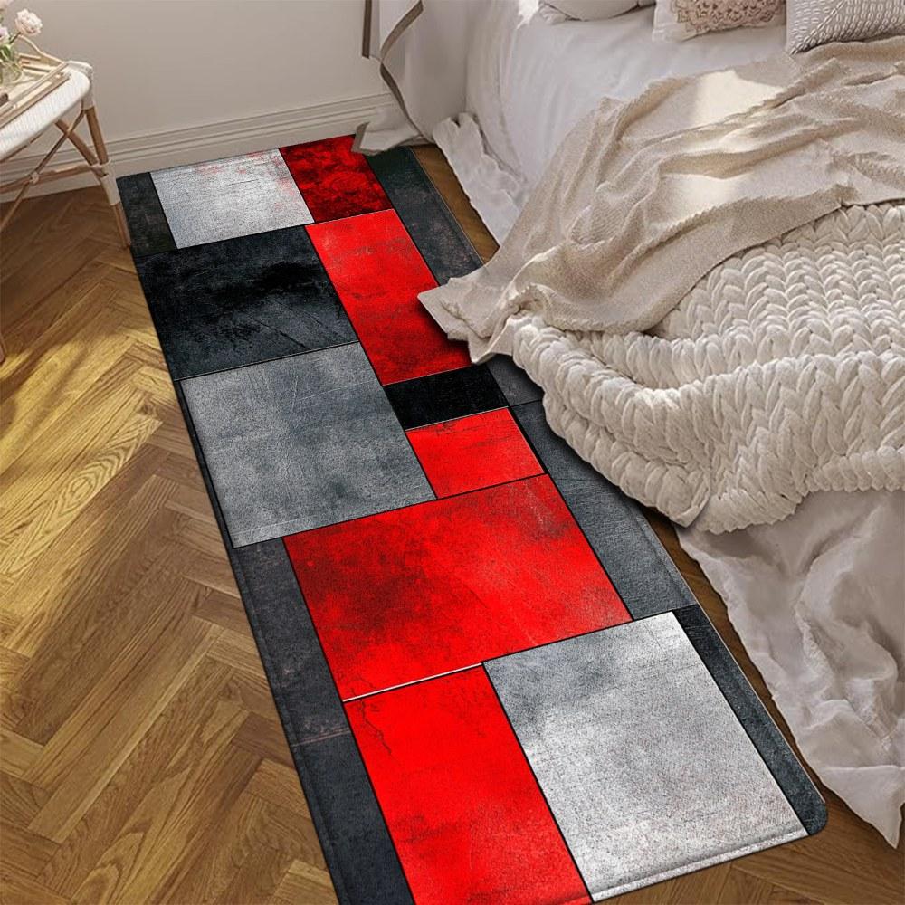 1PC， Red Black Gray Geometric Splicing Patterned strip rugs, home décor, bathroom mats, entryway mats, bathroom non-slip mats, indoor entrance rugs, bedroom bedside mats, kitchen mats, hallway rugs, flannel sponge rugs, hallway runner rugs