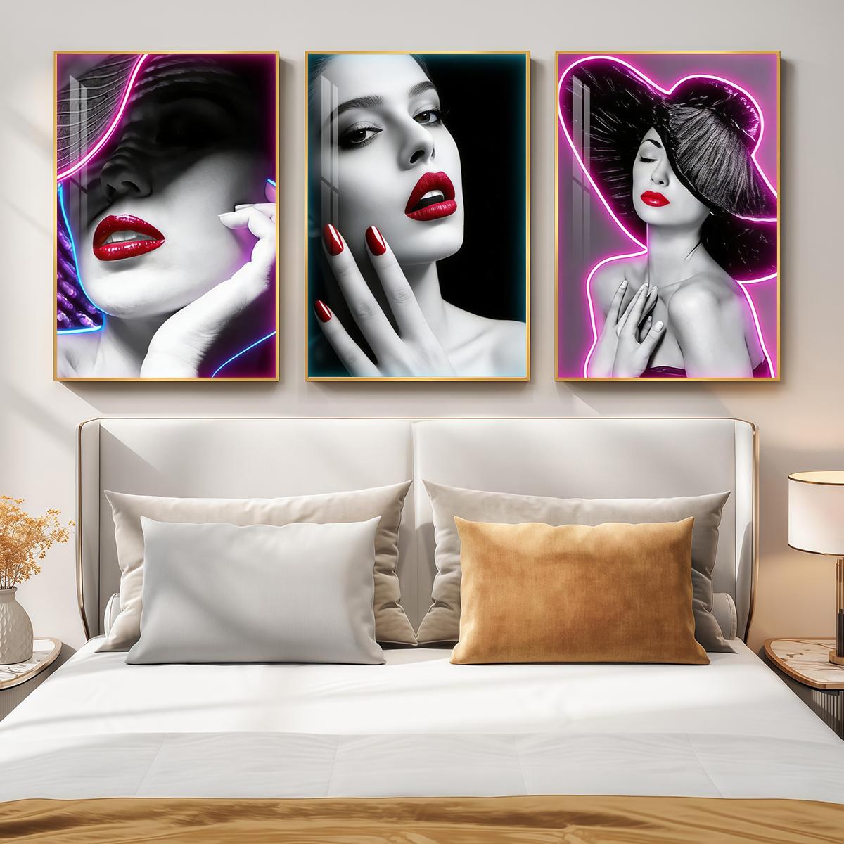 3 Counts Aluminum Alloy Framed Painting, Neon Beauty Portrait Art With Red Lips And Nails, Home Decoration For Living Room, Bedroom, Office, Restaurant, Hallway Wall Decor, Odorless Print Artwork, Luxury Perfect Gift For Friends And Family