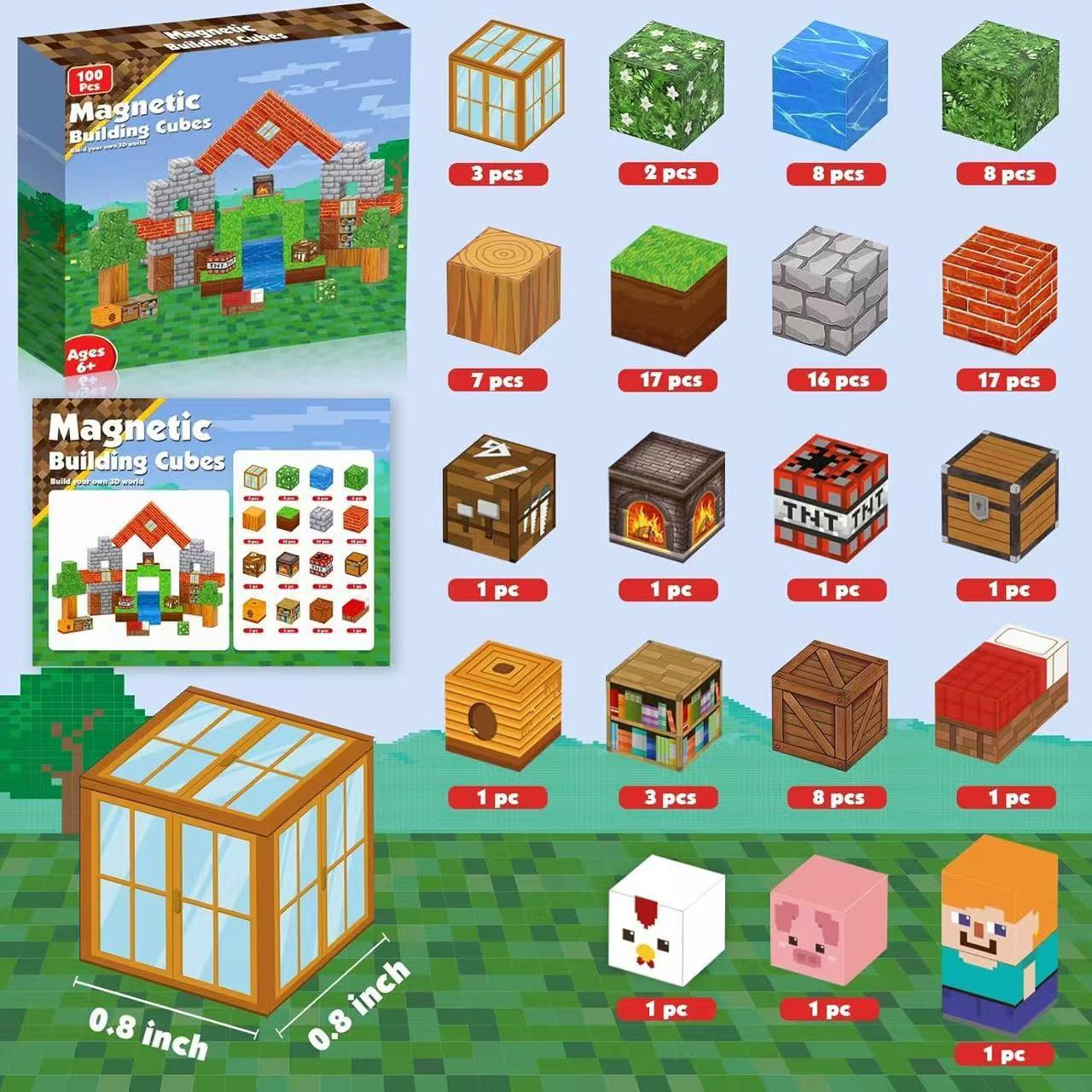 100 magnetic building blocks and tiles for stacking and construction – “Magnetic World” series, STEM Montessori sensory toy magnets, Valentine’s Day gift, boyfriend gift, educational activity, creative play, outdoor fun squares.