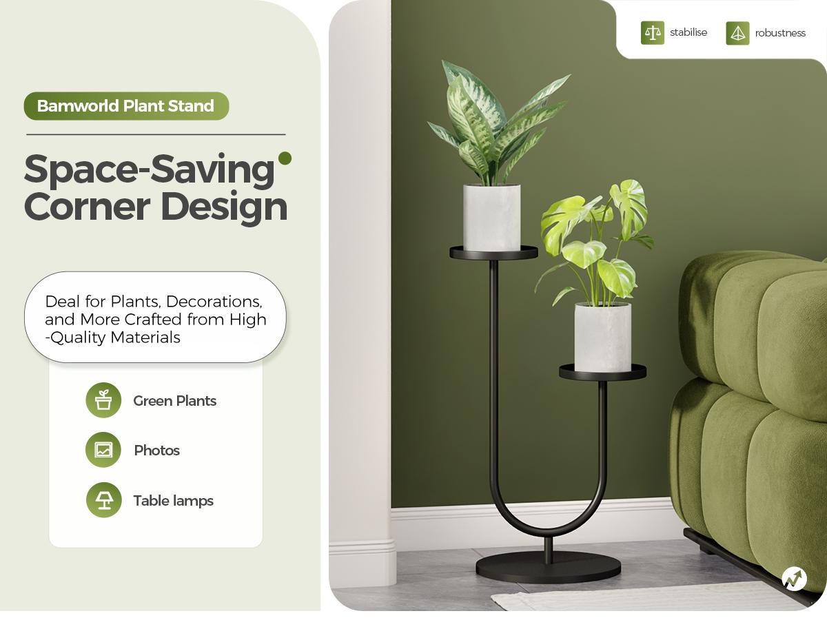 Bamworld Modern U-Shaped Metal Plant Stand for Indoor Tall Corner, 2 Potted Black Planter Stand for Living Room Decor Sleek Minimalist Design Sunlight Friendly Quick Easy Assembly Bamworld Modern U-Shaped Metal Plant Stand for Indoor Tall Corner, 2 Potted Black Planter Stand for Living Room Decor Sleek Minimalist Design Sunlight Friendly Quick Easy Assembly