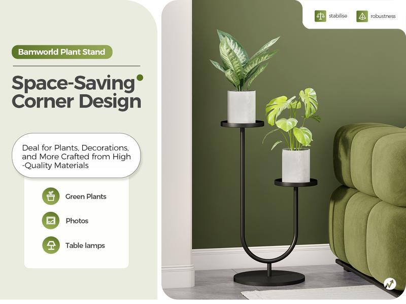 Bamworld Modern U-Shaped Metal Plant Stand for Indoor Tall Corner, 2 Potted Black Planter Stand for Living Room  Decor Sleek Minimalist Design Sunlight Friendly Quick Easy Assembly