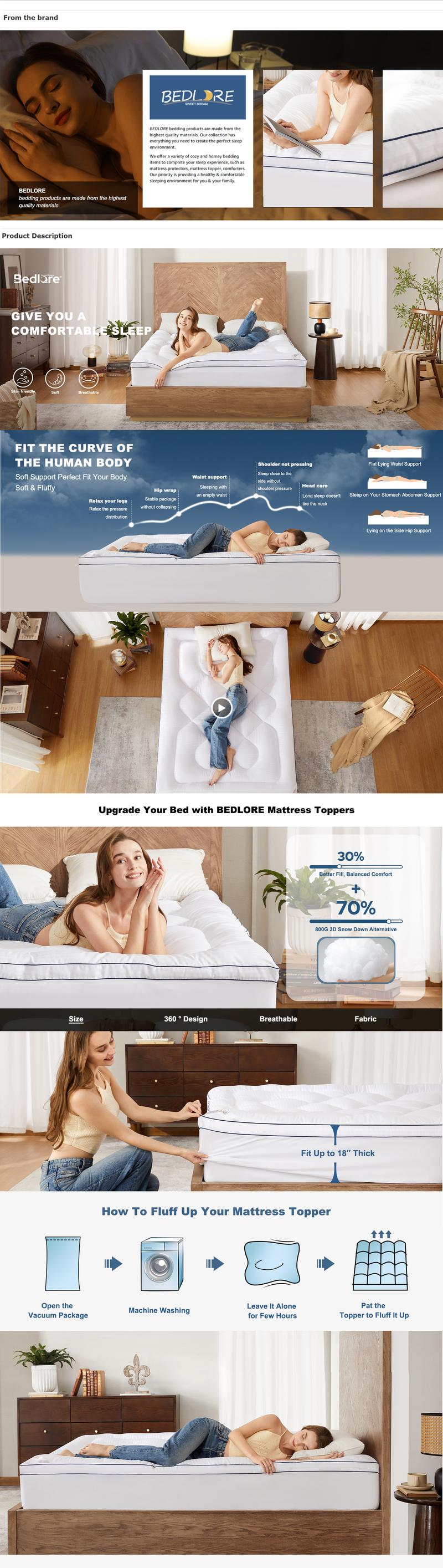 [Valentine’s Day]【BEDLORE】Cooling Mattress Topper, Thick Pillow-Top Pad for Pressure Relief & Comfort, Soft Breathable, Deep Pockets (Fits 6–18 Inches) for Home, Bedroom, Guest Room