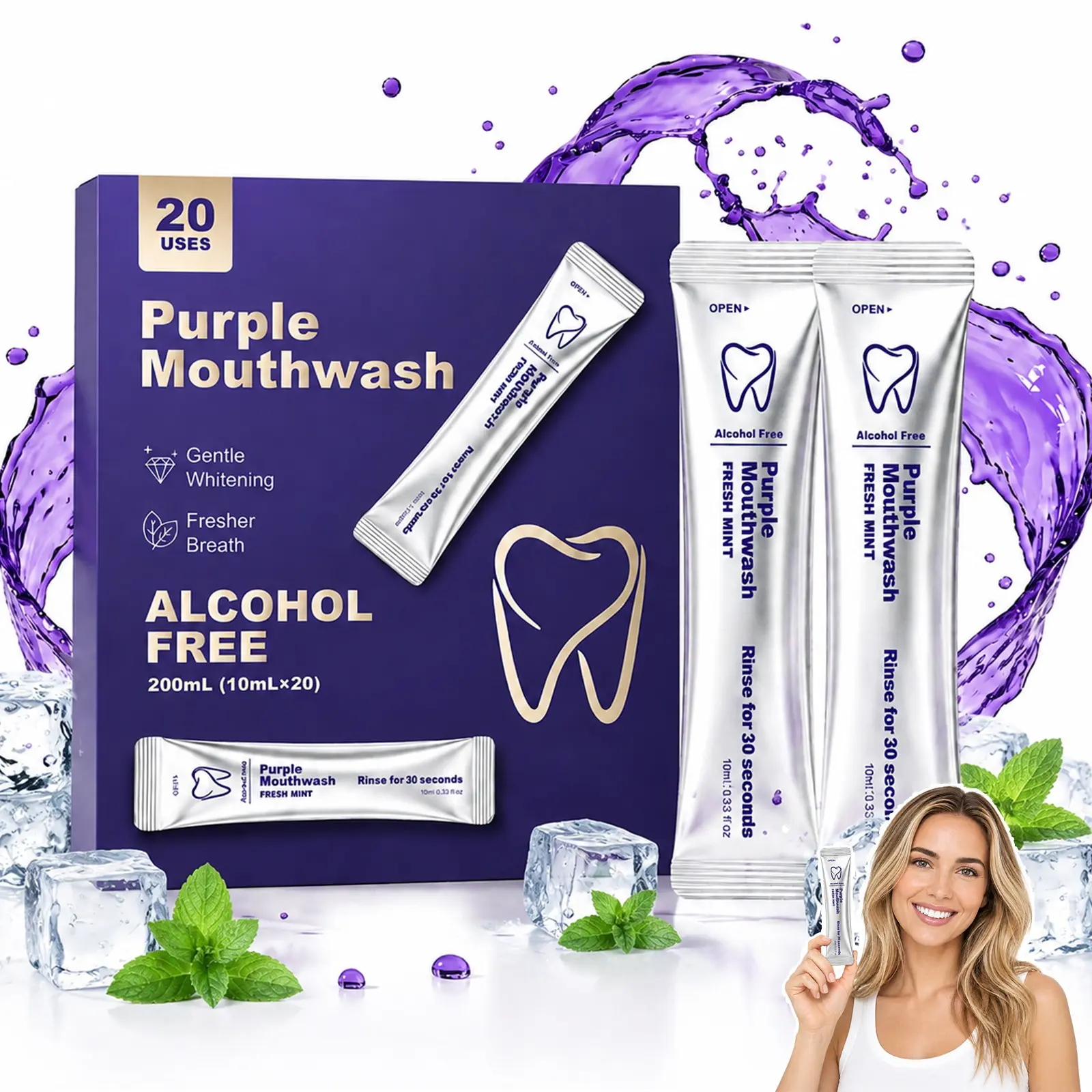 Purple Mouthwash Sachets 20 Pack, Alcohol Free, Portable Travel Mouthwash Single Use Strips, Fresh Mint Breath Freshener for Brighter Looking Smile