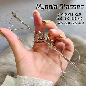 Trendy Myopia Glasses Unisex Square Frameless Anti-blue Light Ultra-light Metal High Quality Women and Men Minus Eyeglasses