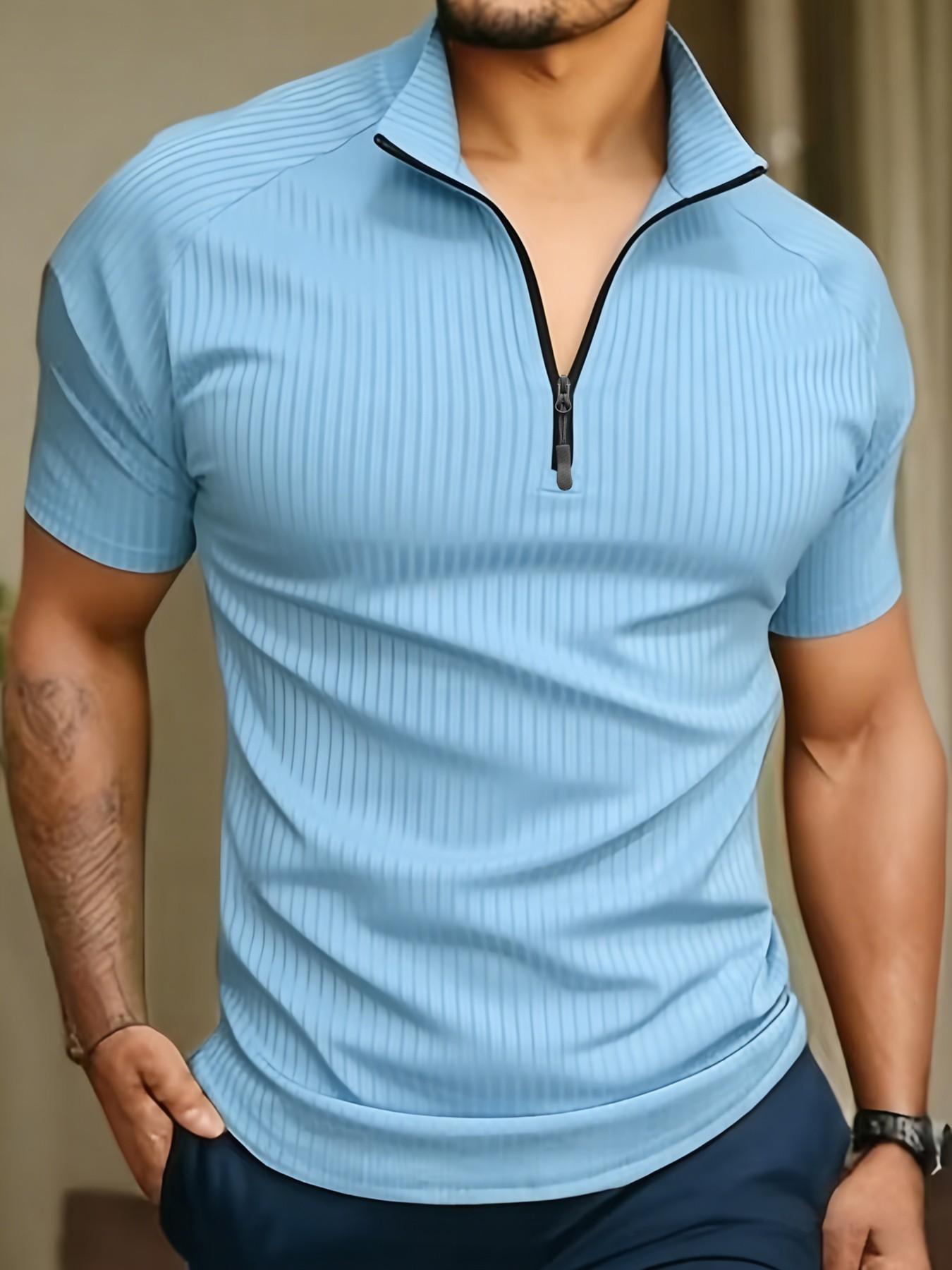 Men's Slim Fit Short Sleeve Quarter Zip Pullover, Quick-Dry Breathable Ribbed Sport T-Shirt, Ideal for Gym, Running, Casual Wear, All Seasons