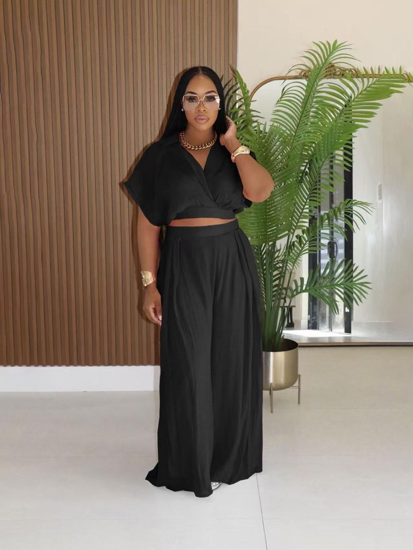 Women's Casual Vacation Chic Style Loose Collared Vneck Short Top and High Waist Wide Leg Pants Set, Comfortable and Stylish for Relaxing Days