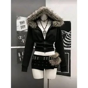Plush Fashion Vintage Korean Coat Y2K Women Hooded Slim Clothing Aesthetic Classic Chic Surcoat Classic Long Sleeve Zip Hoodies