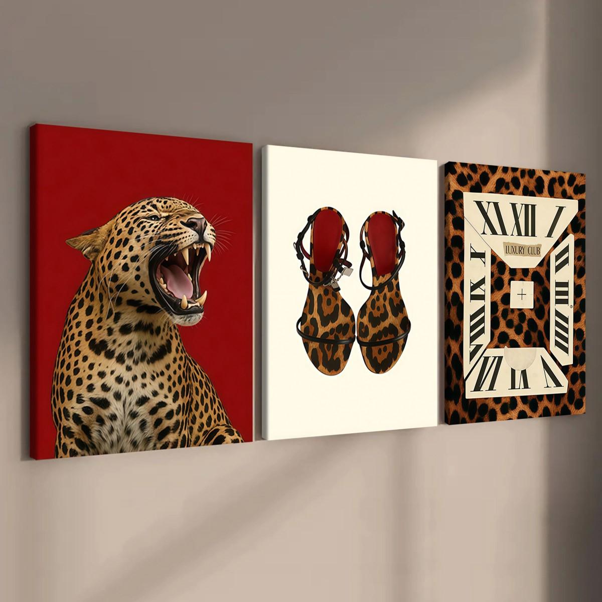 3-Pack Wood Frame Canvas Posters, Vintage Leopard Print High Heels Decor, Modern Living Room Art, Waterproof, Gift Idea