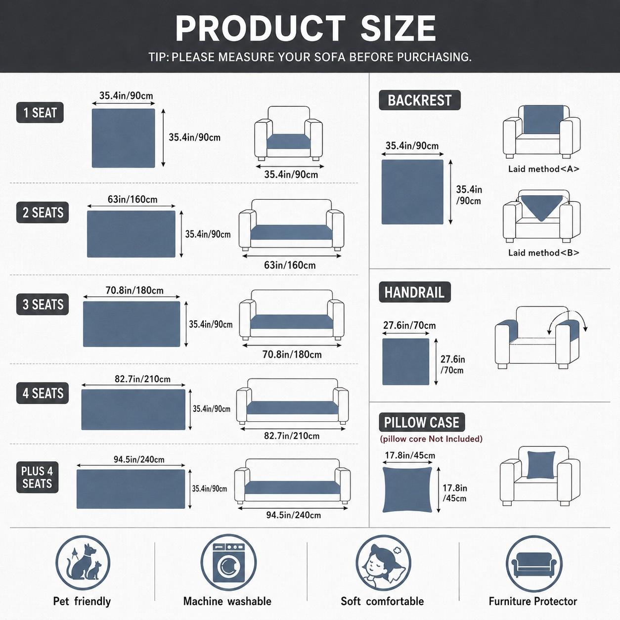 Pet Friendly Sofa Covers, Thick Ribbed Couch Protector, Non Slip Machine Washable Seat Cushion, Sofa Covers Available in Multiple Colors, Cozy Sofa Cover for Living Room Bedroom, Fits 1/2/3/4 Seater Sofas, Removable Washable Slipcovers
