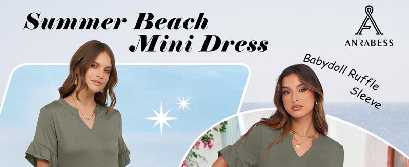 ANRABESS Womens Summer 2025 Trendy Ruffle Short Sleeve V Neck A Line Tiered Flowy Loose Casual Mini Beach Dress with Pockets