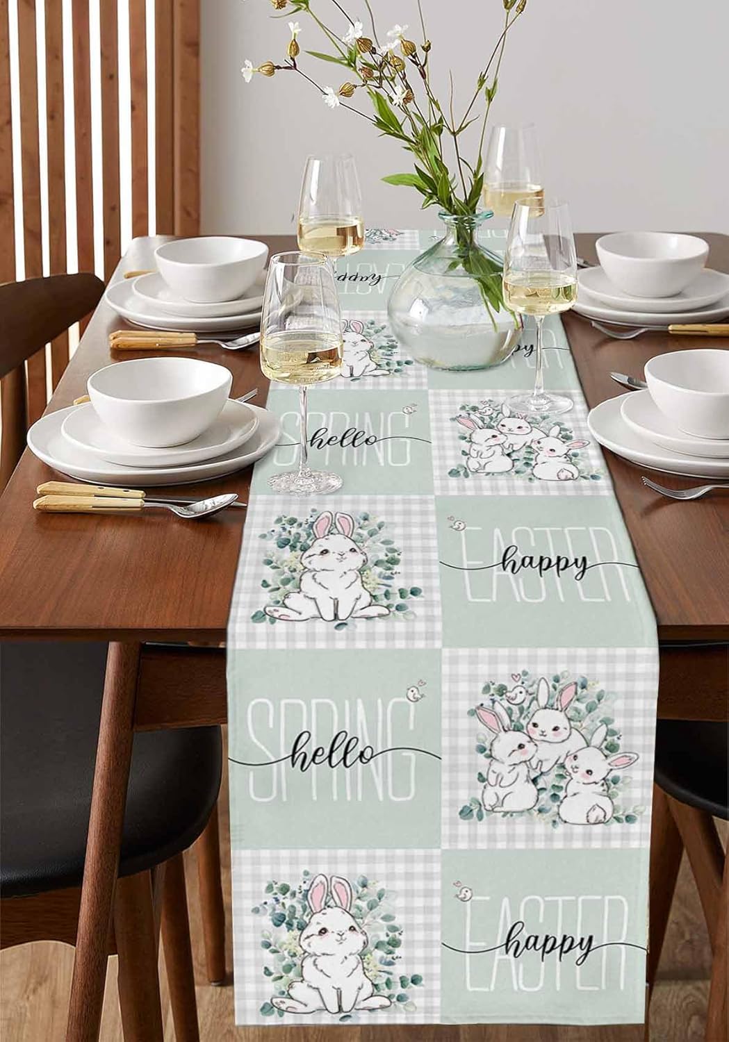 1pc,Easter Table Runner Small Kitchen Dining Room Decor, Round Square Wedding Coffee Party Home Easter Bunny Spring Eucalyptus Leaves Tartan