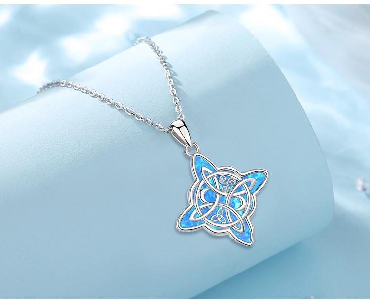 Sterling Silver Witch Knot Necklace, Nudo de Bruja Pendant, Celtic Knot Amulet with Blue Opal, Witchy Gift for Her, Pagan Protection Jewelry