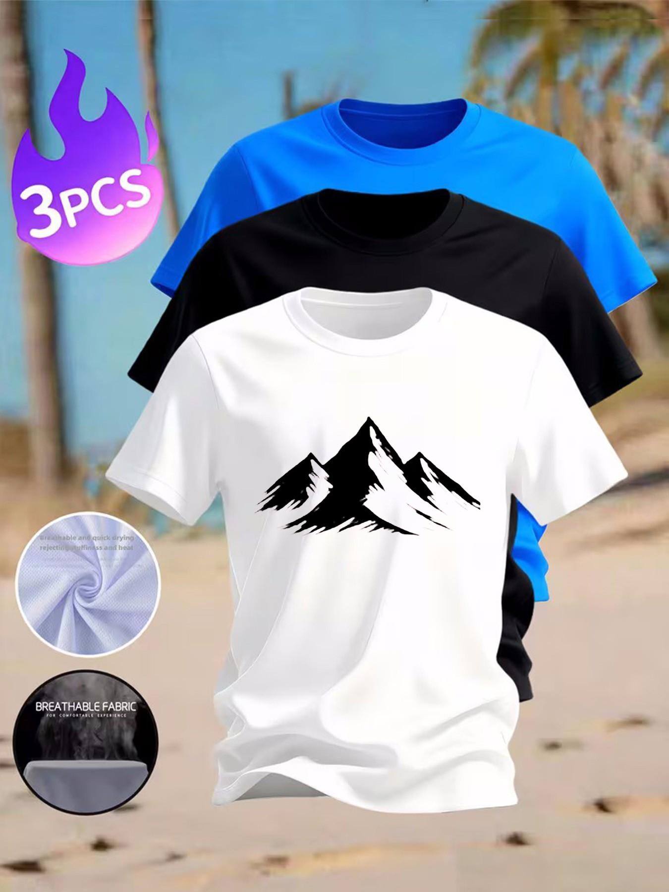 3-Pack Men's Mountain Print T-Shirts, Casual Crew Neck Short Sleeve Tees, Breathable Quick-Dry Summer Tops for Outdoor Hiking