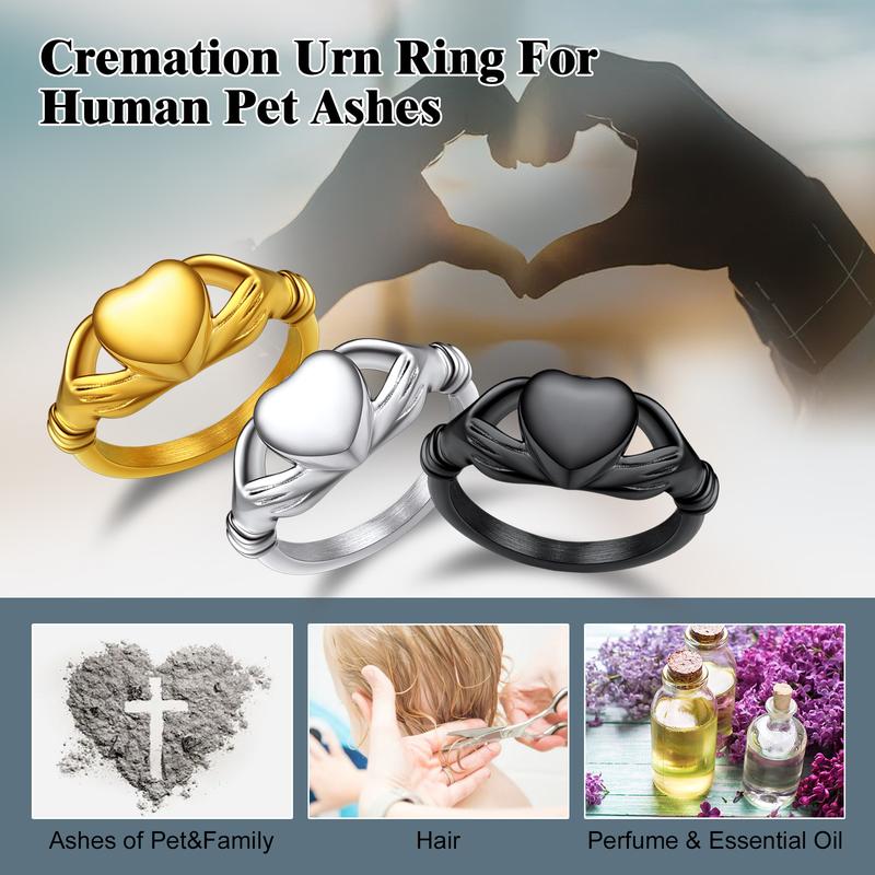 FindChic Claddagh Heart Cremation Urn Ring Ash Keepsake Waterproof Locket Rings Memorial Jewelry For Women Men Animal Hair Ash