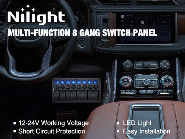 Nilight 8-Gang Pre-Wired Waterproof Rocker Switch Panel - 8-Gang Setup, Resettable Circuit Breakers (5A,10A,15A), LED Backlight, 3-Pin 12V-24V ON-Off Toggle Switches, Screw Included, Easy Installation, for Most DC 12V-24V Cars, Caravan, Marine Boat Nilight 8-Gang Pre-Wired Waterproof Rocker Switch Panel - 8-Gang Setup, Resettable Circuit Breakers (5A,10A,15A), LED Backlight, 3-Pin 12V-24V ON-Off Toggle Switches, Screw Included, Easy Installation, for Most DC 12V-24V Cars, Caravan, Marine Boat