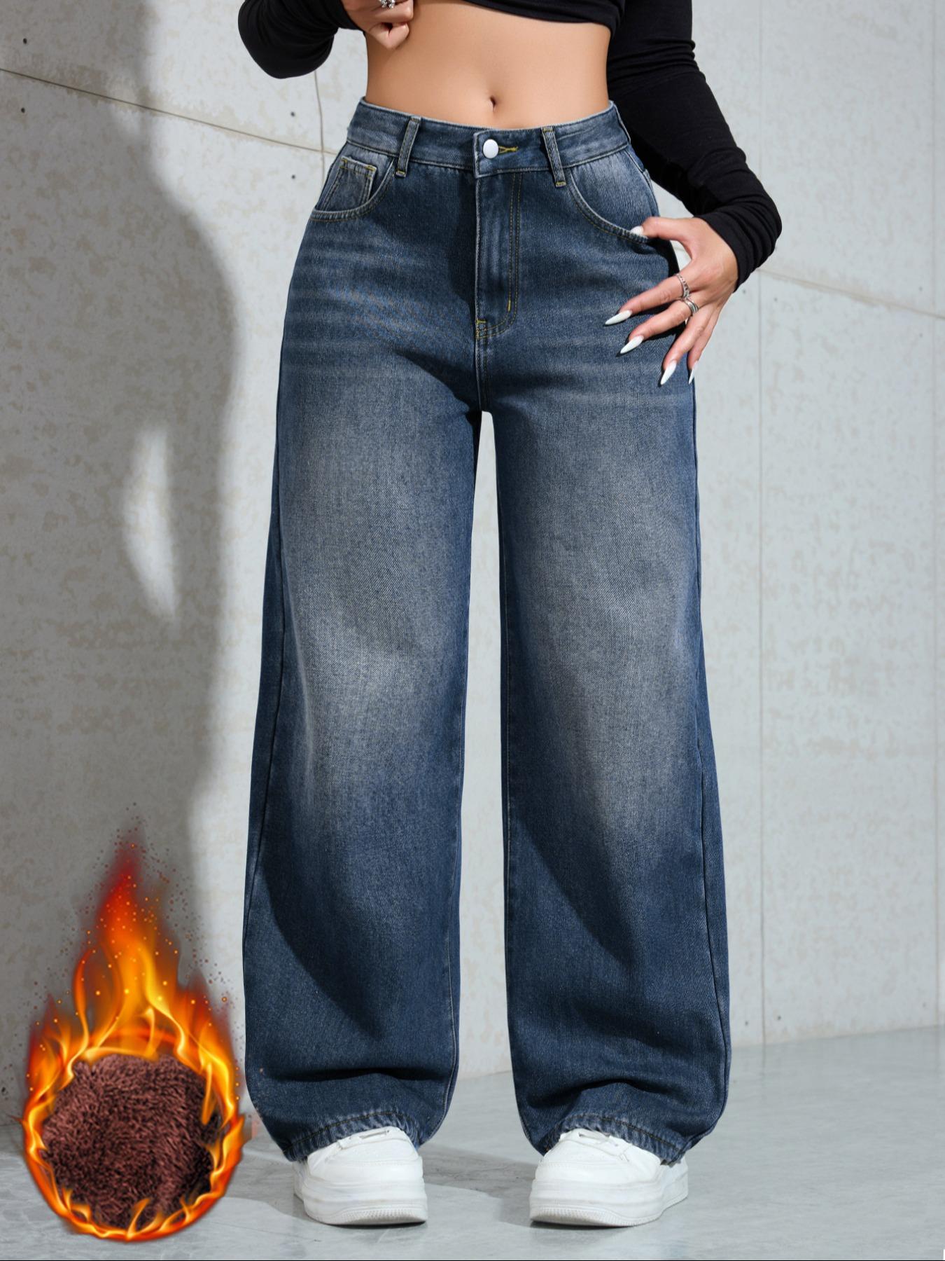 Women's Vintage Fleece Lined Thick Denim Jeans, Fall & Winter Fashion Wide Leg Straight Fit Pants, Elegant Plain Woven Fabric