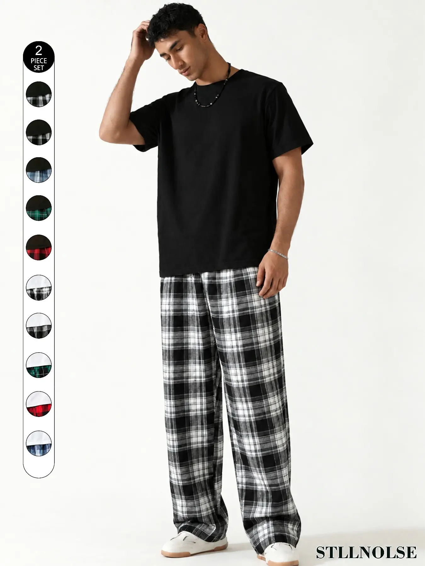 Men's Two-Piece Set Outfit, Round Neck Top with Plaid Pants, Casual Loose-Fit Pajama Set, Comfortable All-Season Wear, Multiple Colors Available