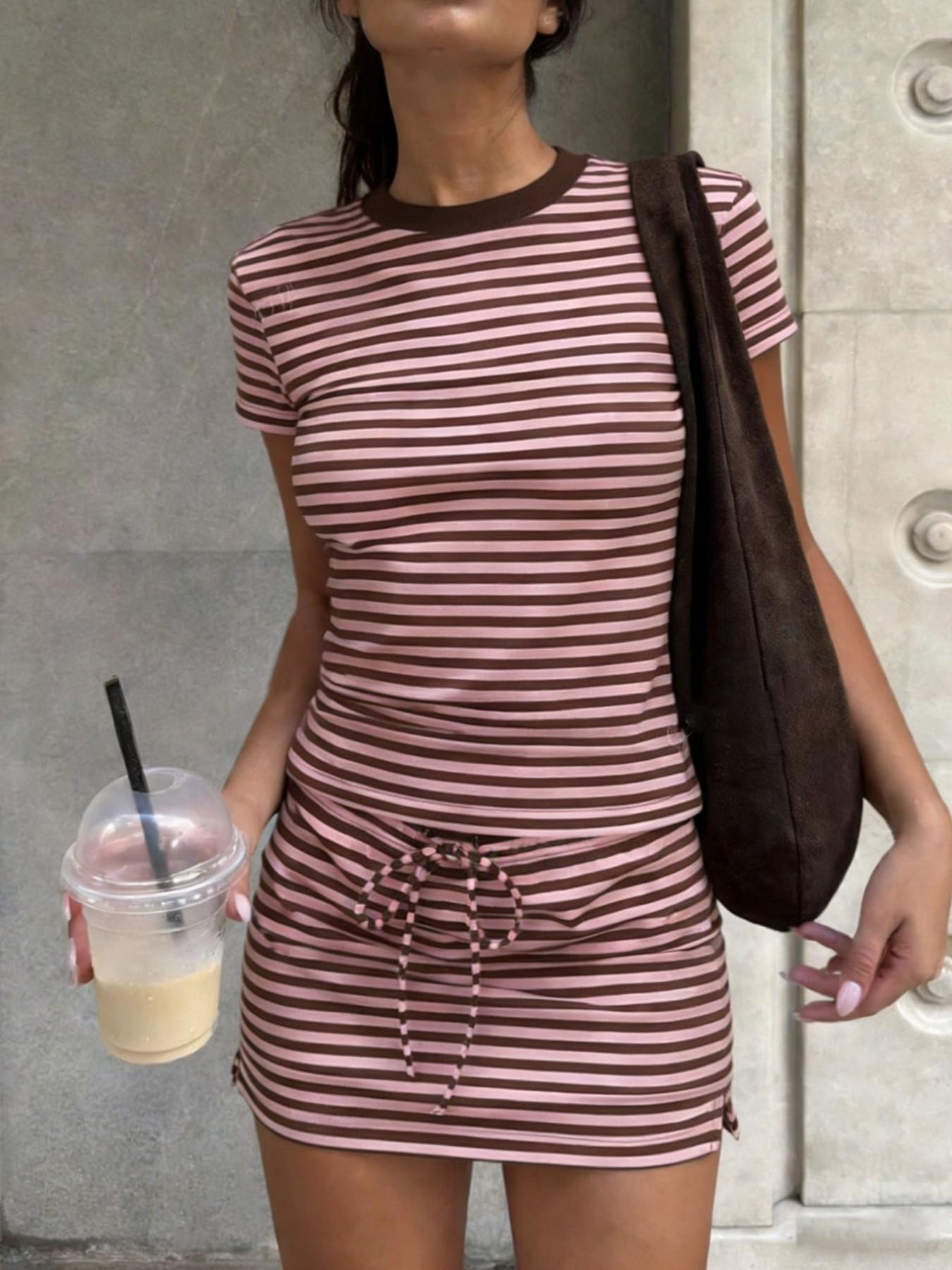 Soft Stretch Striped Casual Two-Piece Set, Slim Fit Short Round Neck T-Shirt & High Waist Adjustable Drawstring Skirt, Versatile Home & Tee