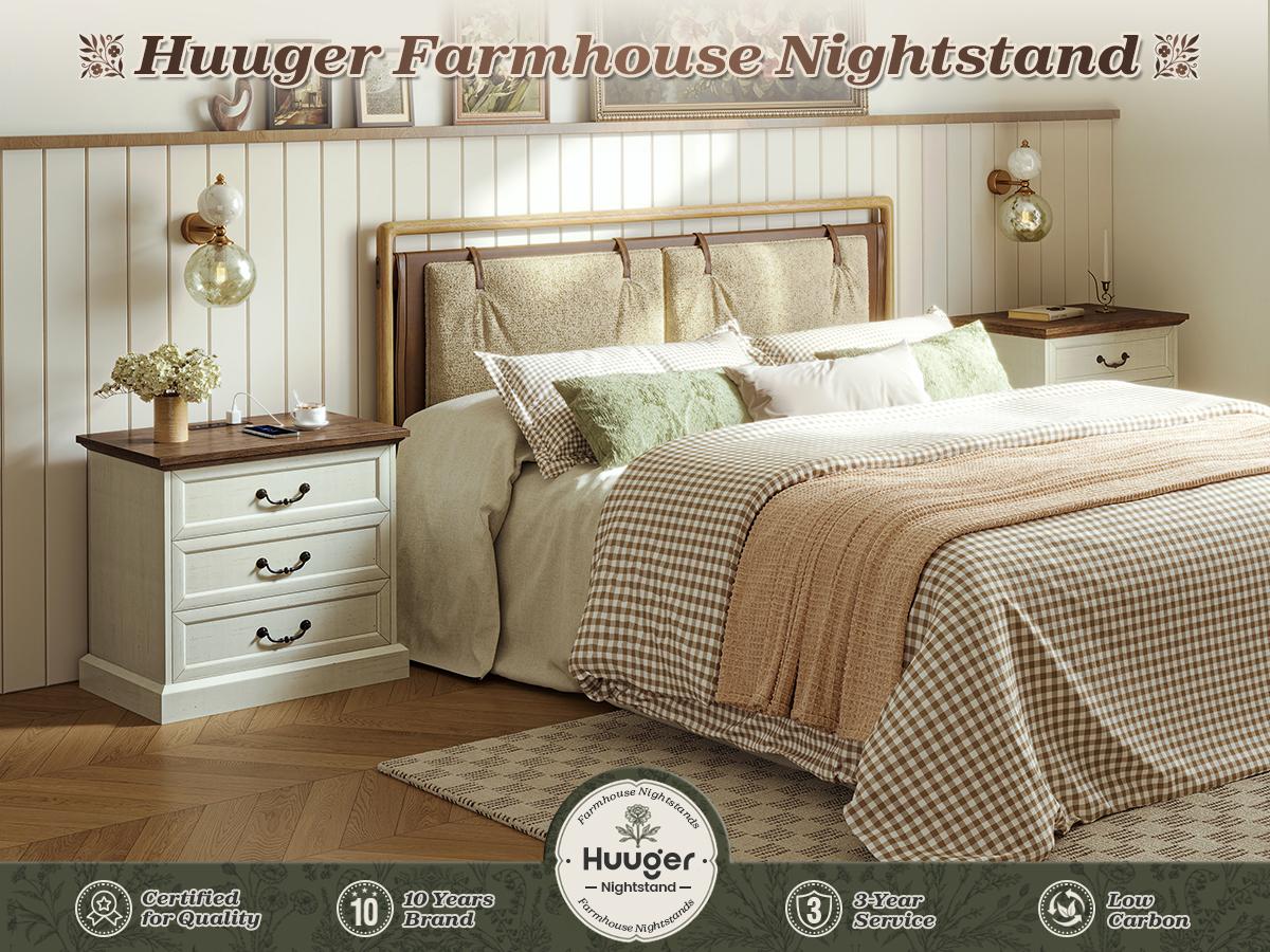 Huuger Nightstand with Charging Station, 3 Drawer Night Stand, 22 Inch Wider Side Table with Storage, Farmhouse Nightstand with Vintage Handles, Thicken Base, for Bedroom Huuger Nightstand with Charging Station, 3 Drawer Night Stand, 22 Inch Wider Side Table with Storage, Farmhouse Nightstand with Vintage Handles, Thicken Base, for Bedroom