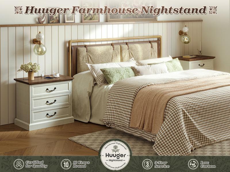 Huuger Nightstand with Charging Station, 3 Drawer Night Stand, 22 Inch Wider Side Table with Storage, Farmhouse Nightstand with Vintage Handles, Thicken Base, for Bedroom