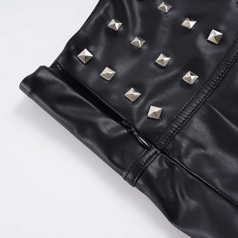 Women's Punk Style Rivet PU Leather Skirt, Drop Waist Loose Fit Party Night Outwear Y2K Aesthetic Pleated Short Dress