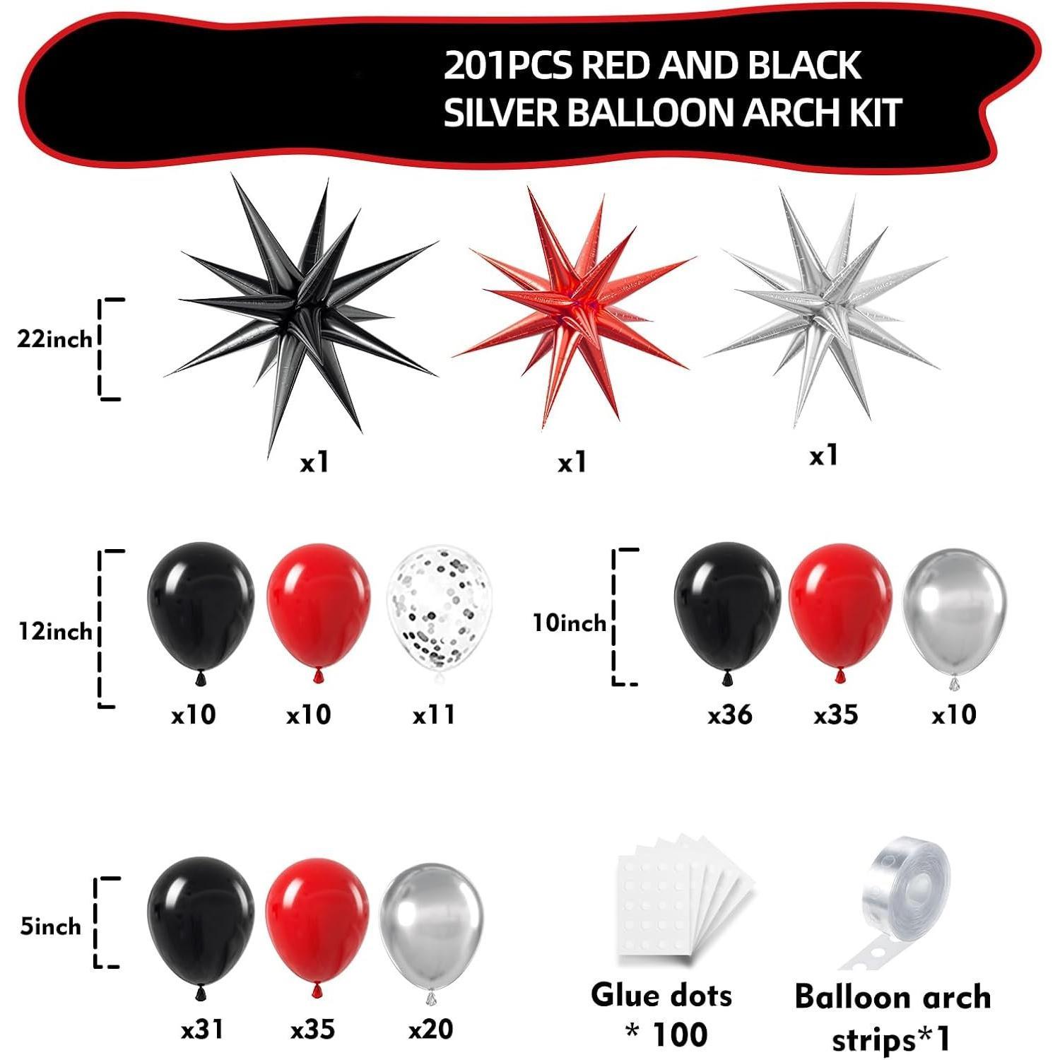 Red and Black  Balloon Arch Kit - 201 count Explosion  Red Black Metallic  Balloon Garland kit Different Size Balloons for Anniversary Birthday Racing   Party Decoration