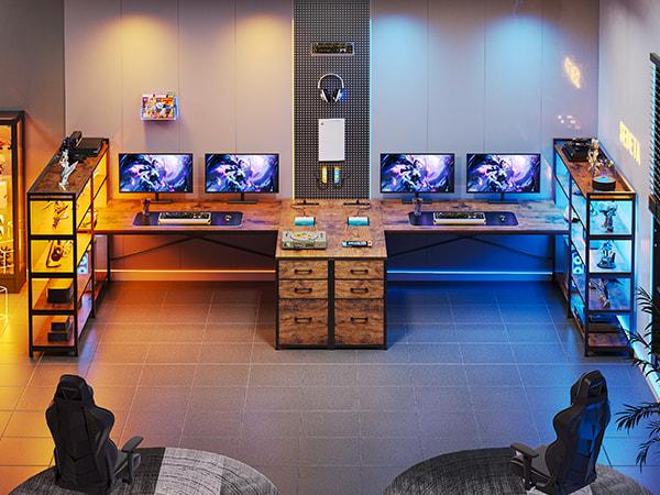 Sedeta 64.5 inch LED L-Shaped Gaming Desk with Storage Wooden Top Metal Frame Space-Saving Corner Desk for Bedroom Office APP Control Adjustable Monitor Arm