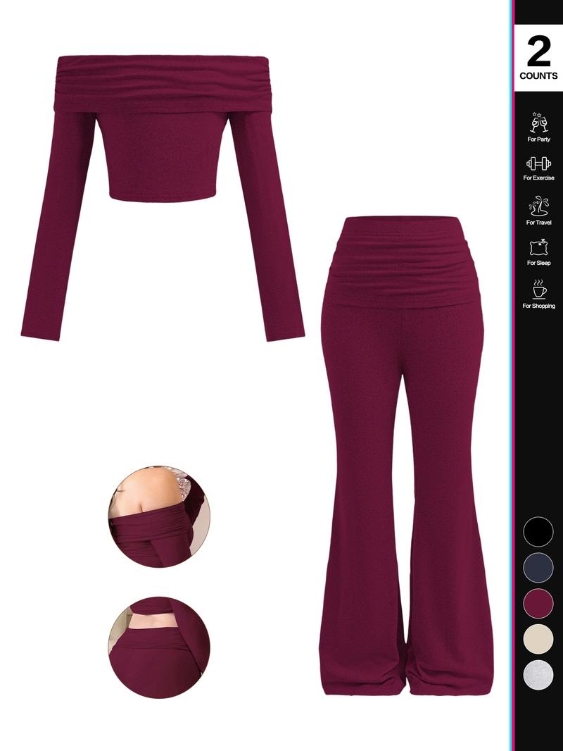 2026 Women's Solid Color Long-Sleeve Crop Top and Flared Pants Loungewear Set, One-Shoulder Top and Flared Pants, Women's Pajama Set
