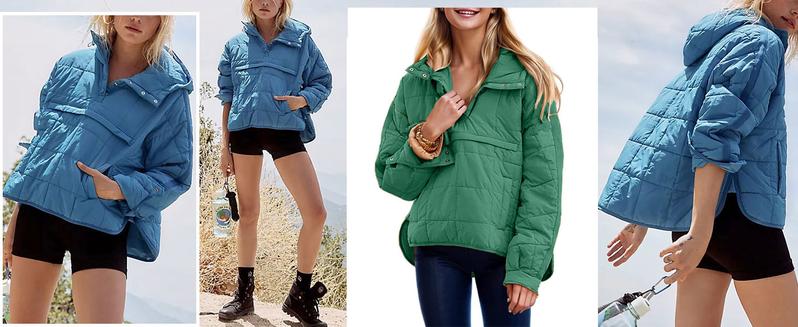 UANEO Women's Oversized Hooded Pullover Puffer Jacket Quilted Dolman Long Sleeve Cozy Lightweight Warm Tops with Big Chest & Side Pockets Casual Outwear