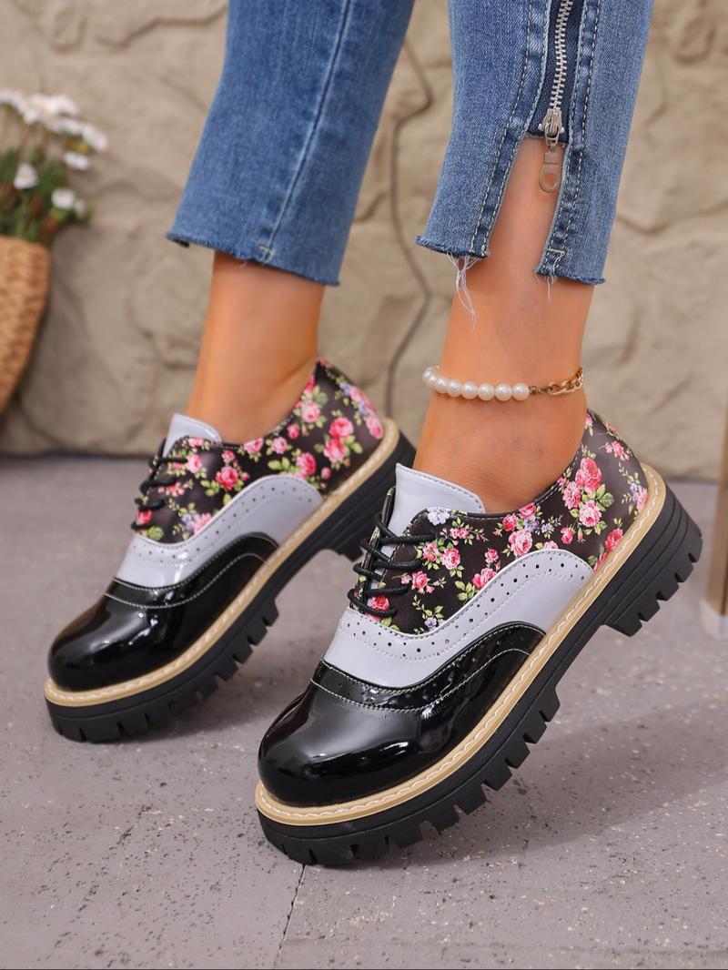 Women's Floral Patchwork Chunky Heel Platform Shoes, Adjustable Buckle Design, Casual PU Leather Sneakers for Daily Wear & Office