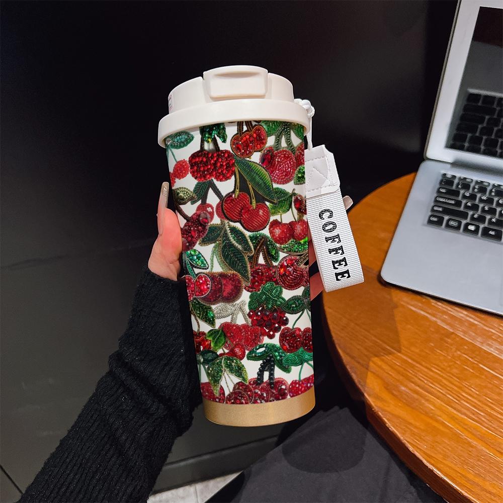Abstract Oil Painting Cherry Texture Coffee Cup, Portable Insulated Tumbler, Keeps Hot/cold, Boho Style, Ideal for Office, Travel, Sports