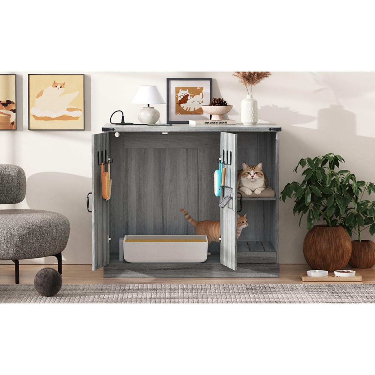 Cat Litter Box Cabinet with Power Outlet, Modern Litter Box Furniture for Large Automatic Litter Boxes, Hidden Litter Box Enclosure with Litter Catcher, Adjustable Storage Shelves, Gray