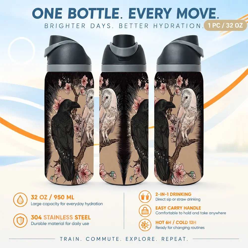 1pc 32oz Stainless Steel Water Bottle - Gothic Raven Owl Floral Insulated Water Bottle, Nature Art Lover GiftHot Cold Retention Reusable Cup，Portable Straw Lid Travel Sports Tumbler，Outdoor camping Coffee Cups & Mugs