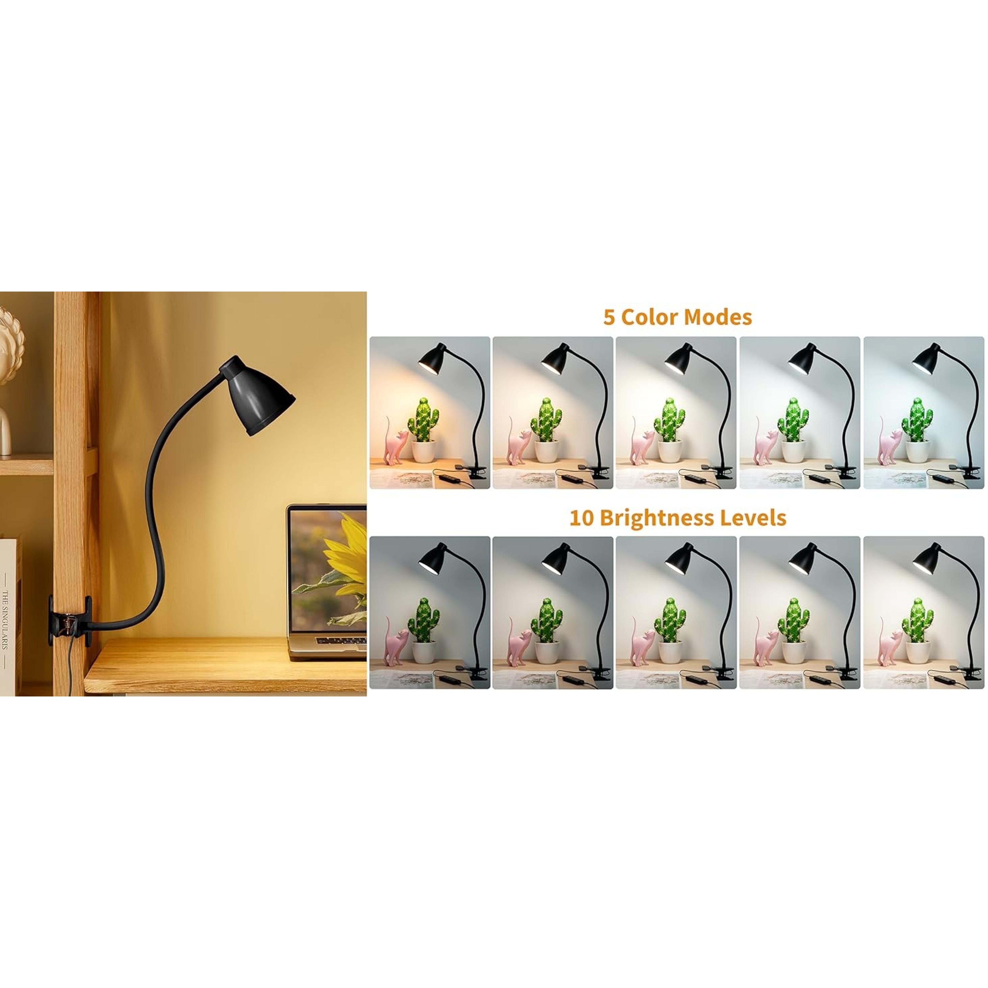 Desk Lamp 5 Color Modes 10 Brightness Dimmer Reading Light Black | 10W 38 LED Clamp Lamp with Auto Off Timer 360° Flexible Neck Clip on Light for Bed Bedside, AC Adapter Include