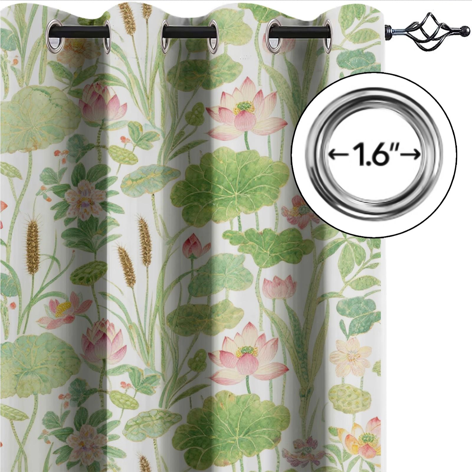 Watercolor Lotus Pond Curtains 2 Panels, HD Digital Printed Curtains, 80%-90% Light Blocking Darkening Curtains, Easy to Install Decorative Curtains for Living Room Bedroom Home Decor