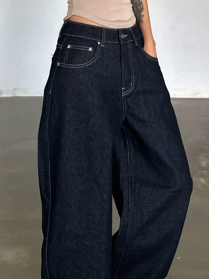 High Waist Dark Wide Leg for Women, American Street Style, Loose Fit, Long Streetwear Denim Pants with Multiple Pockets, All Seasons