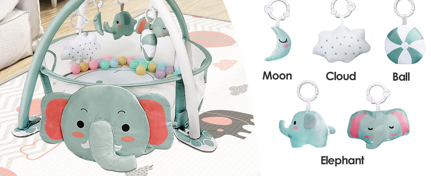 4-in-1 Baby Play Mat Baby Gym,Tummy Time Mat for Floor Activity Gym Ball Pit Including 30 Balls with 5 Infant Learning Sensory Baby Toys for Newborn Toddler Boy & Girl Gifts(Elephant)