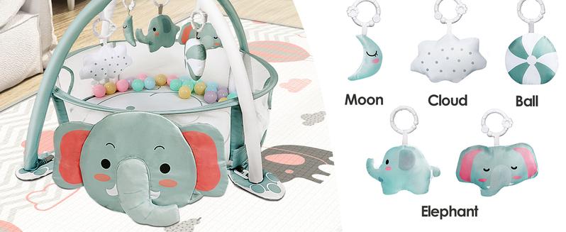4-in-1 Baby Play Mat Baby Gym,Tummy Time Mat for Floor Activity Gym Ball Pit Including 30 Balls with 5 Infant Learning Sensory Baby Toys for Newborn Toddler Boy & Girl Gifts(Elephant)