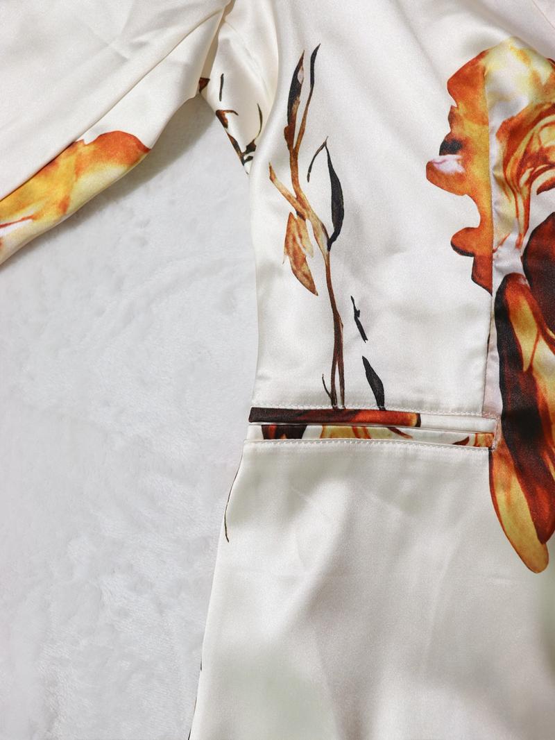 Two-piece Set Women's Floral Print Set, Elegant Long Sleeve Button Blazer & Pants Set, Women's Sleepwear for Spring & Fall