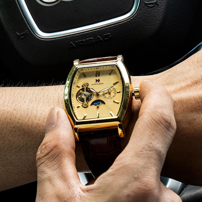 Luxury Automatic Mechanical Watch for Men, Analog Dial, Leather Strap, Moon Phase Display, Minimalist Barrel Design, No Battery Needed