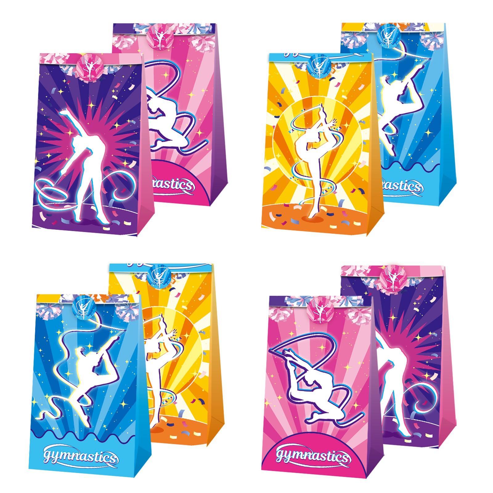 12 Gymnastics Party Paper Bags+12 Gymnastics Stickers, Cartoon Gymnastics Paper Bags Suitable for Gymnastics Parties, Sports Parties