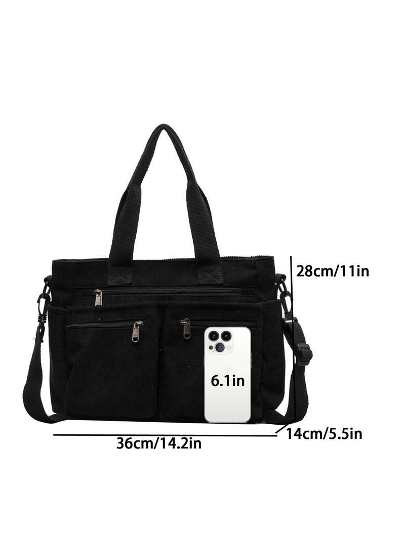 Women's Solid Color Zipper Tote Bag, Large Capacity Multi-pocket Portable Shoulder Bag, Casual Trendy Versatile High-quality Daily Commuting Bag