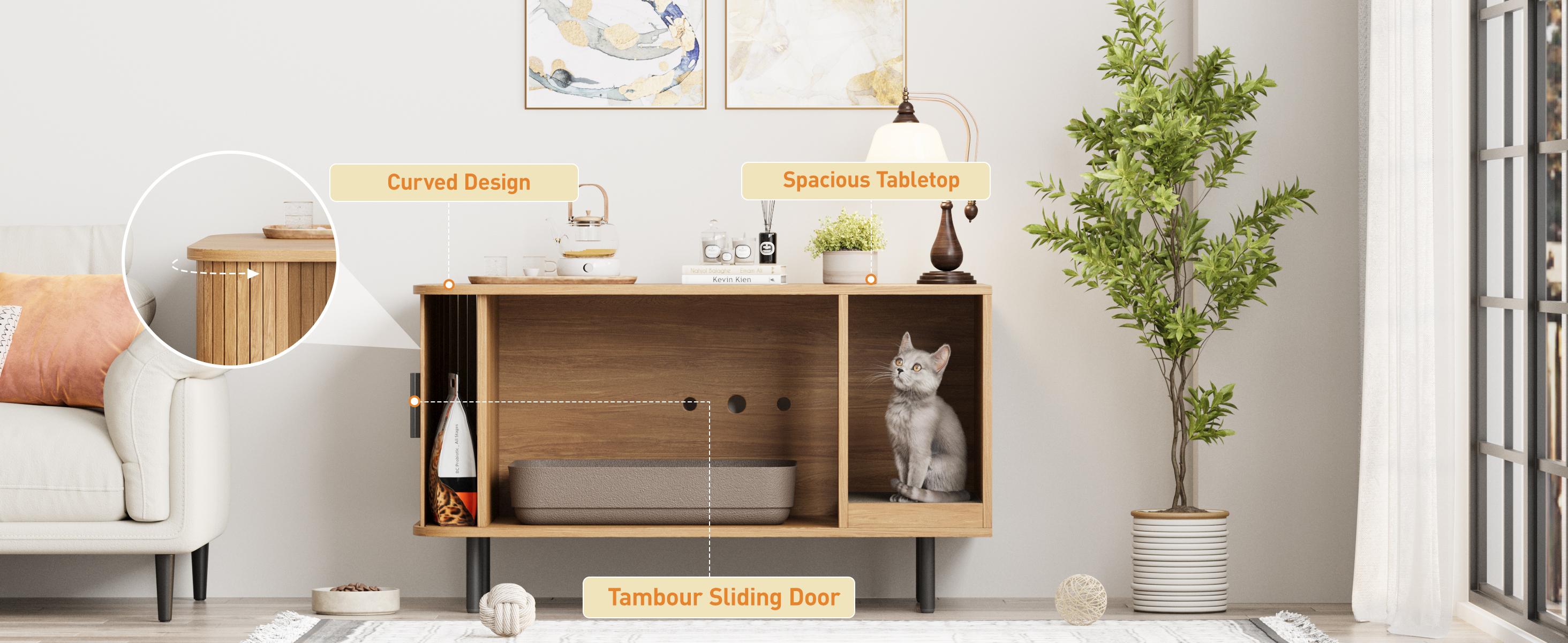 Vabches Cat Litter Box Enclosure with Cat Scratch Pad, Sliding Door, 37.4" Litter Box Enclosure Furniture Hidden Litter Box, Modern Indoor Cat House, TV Stand, Side End Table for Living Room