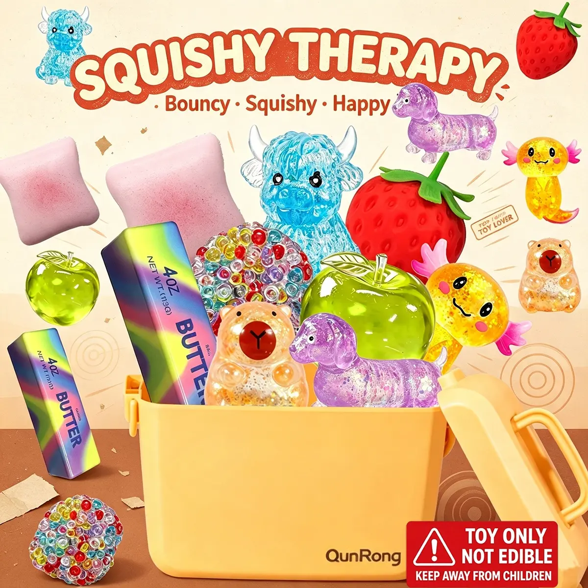 9pcs-Mixed Variety Squishy Squeeze Toy Bundle, Assorted Animal Fruit Butter Gel Fidget Toys for Stress & Anxiety Relief, Comes with Storage Box, Perfect for Party Favors, Goodie Bag Fillers & Kids Gift