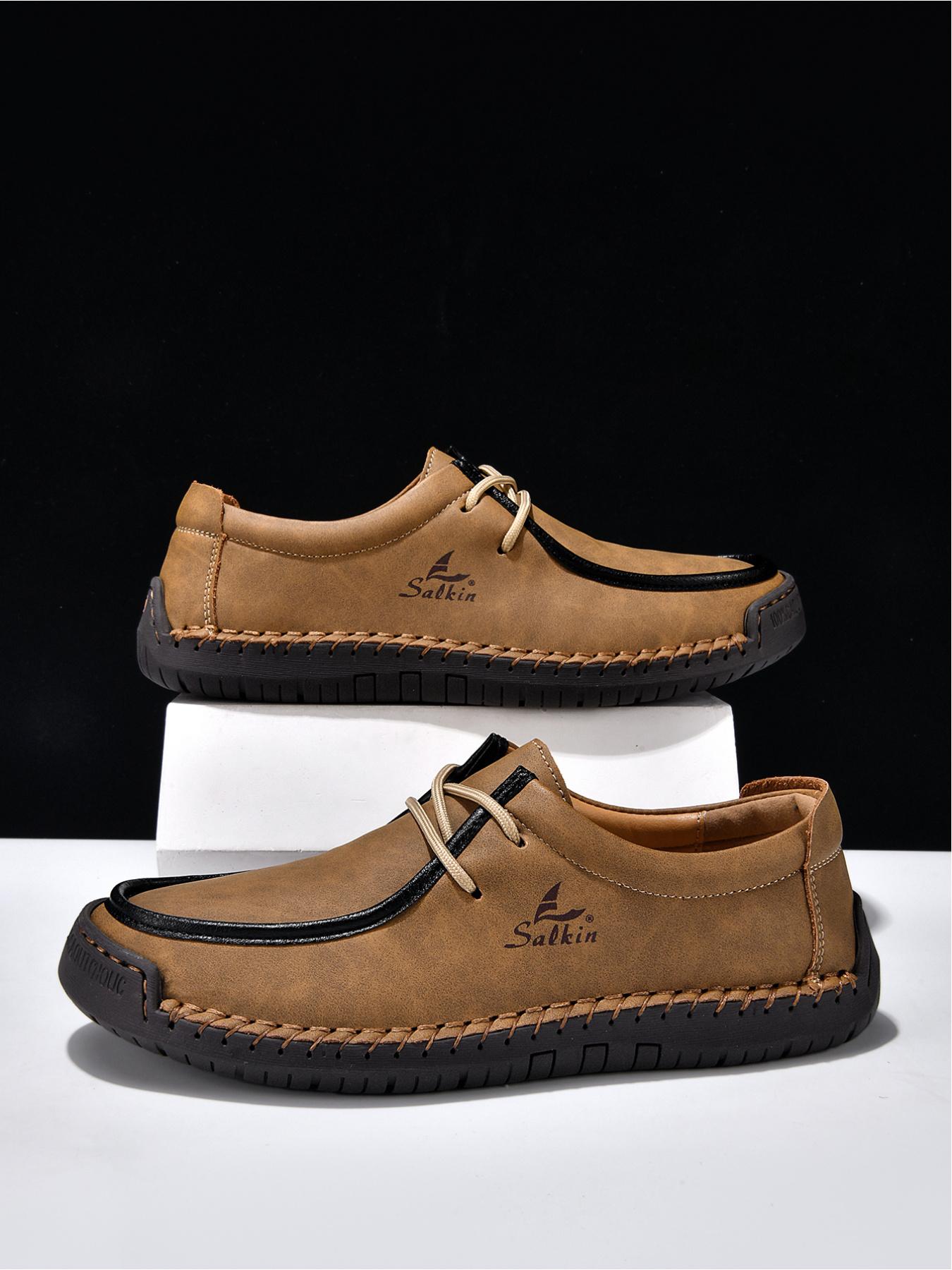 Men's Black Hand-Stitched Casual Shoes, Soft Sole Non-Slip Slip-On Driving Shoes, Dad Shoes