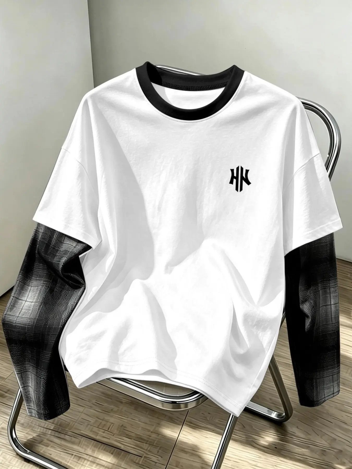 Men's Fake Two-Piece Plaid Patchwork Long Sleeve T-Shirt, Round Neck Loose Fit Casual Streetwear Top, Comfortable and Stylish Men's Clothing