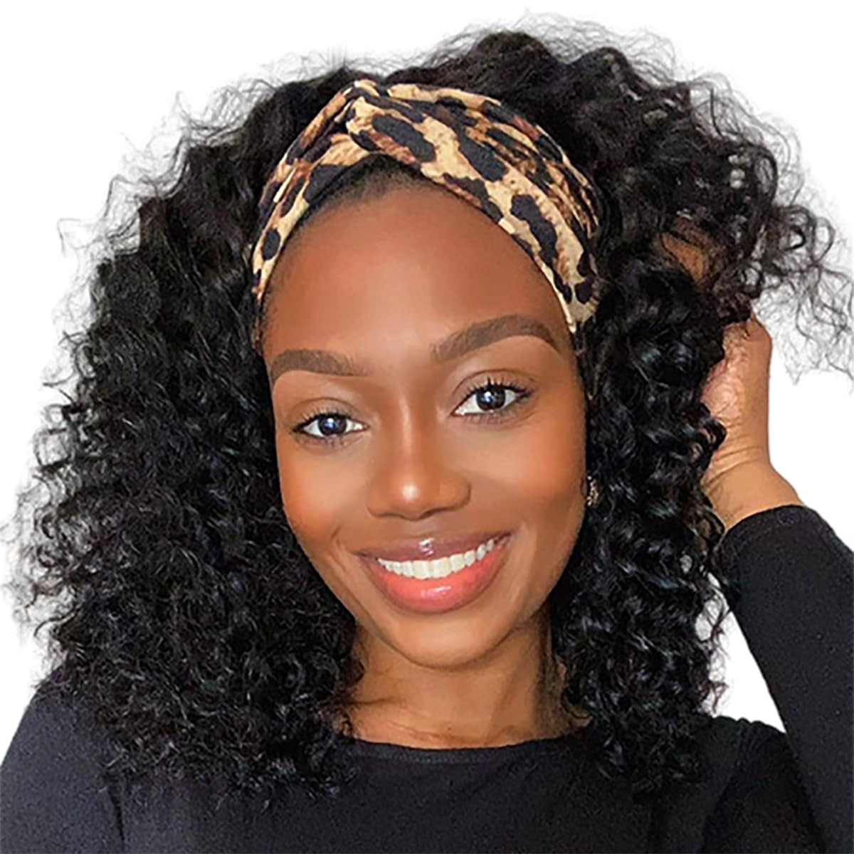 Bling Hair kinky Curly Headband Wig Human Hair 12inch None Lace Front Wigs Brazilian Virgin Hair Machine Made Wigs Glueless Deep Curly Wave Headband Half Wigs for Black Women Human Hair Natural Color