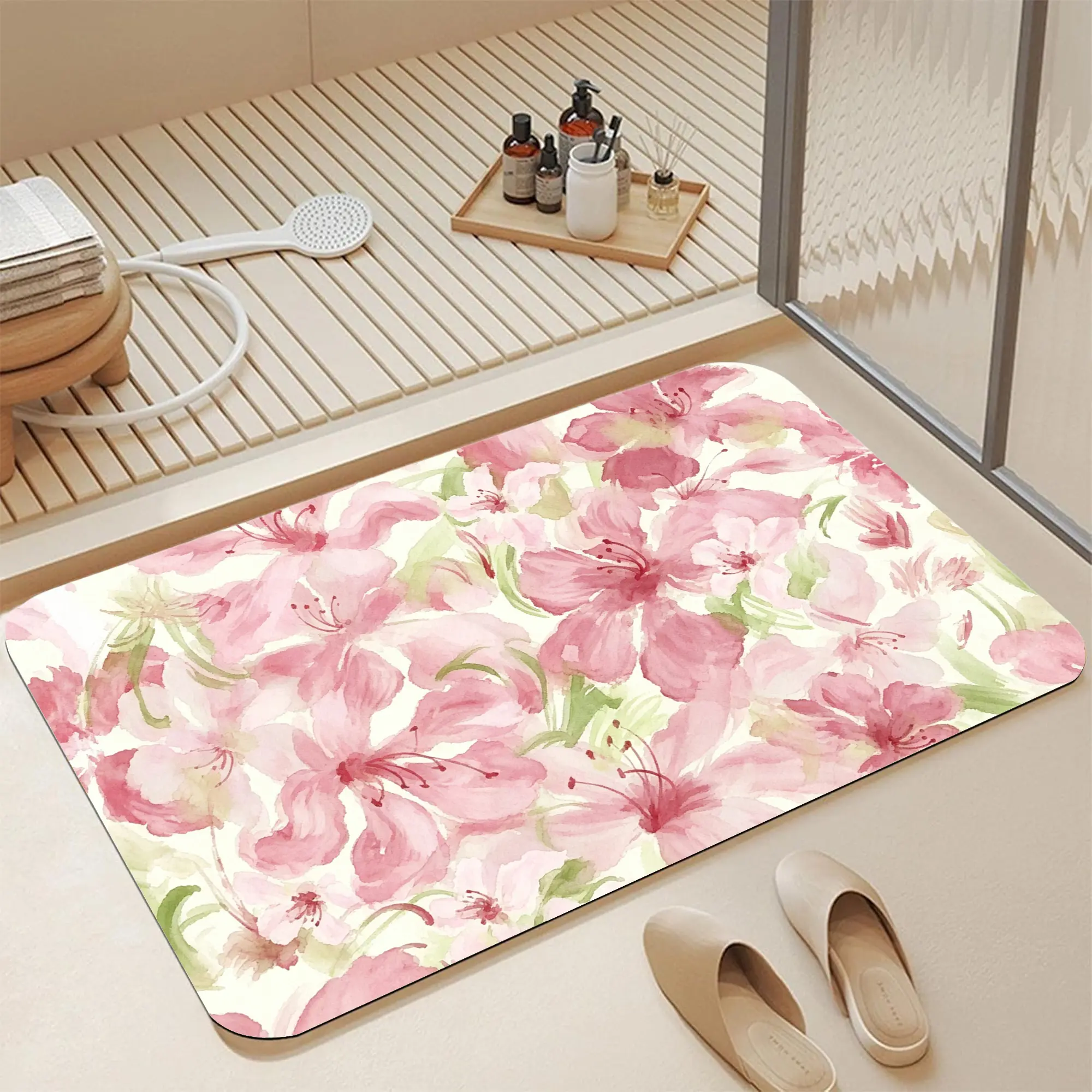 16*24" Blush Pink Watercolor Azalea Floral Diatomite Bath Mat |   Quick Dry Non Slip Delicate Washed‑Effect Blossom & Pale Green Foliage Print Diatomaceous Earth Bath Mat Fast Water Absorbent Romantic Cottagecore Pastel Flower Shower Rug