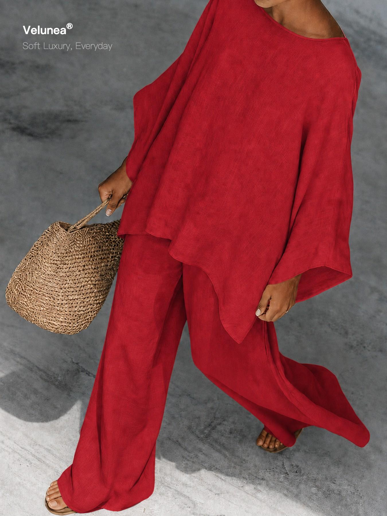 2-Piece Set, Velunea Women’s Elegant Casual Wide Leg Pants Set, Draped Cape Top and Flowing Trousers Matching Outfit, Minimalist Resort Wear for Vacation and Everyday Style